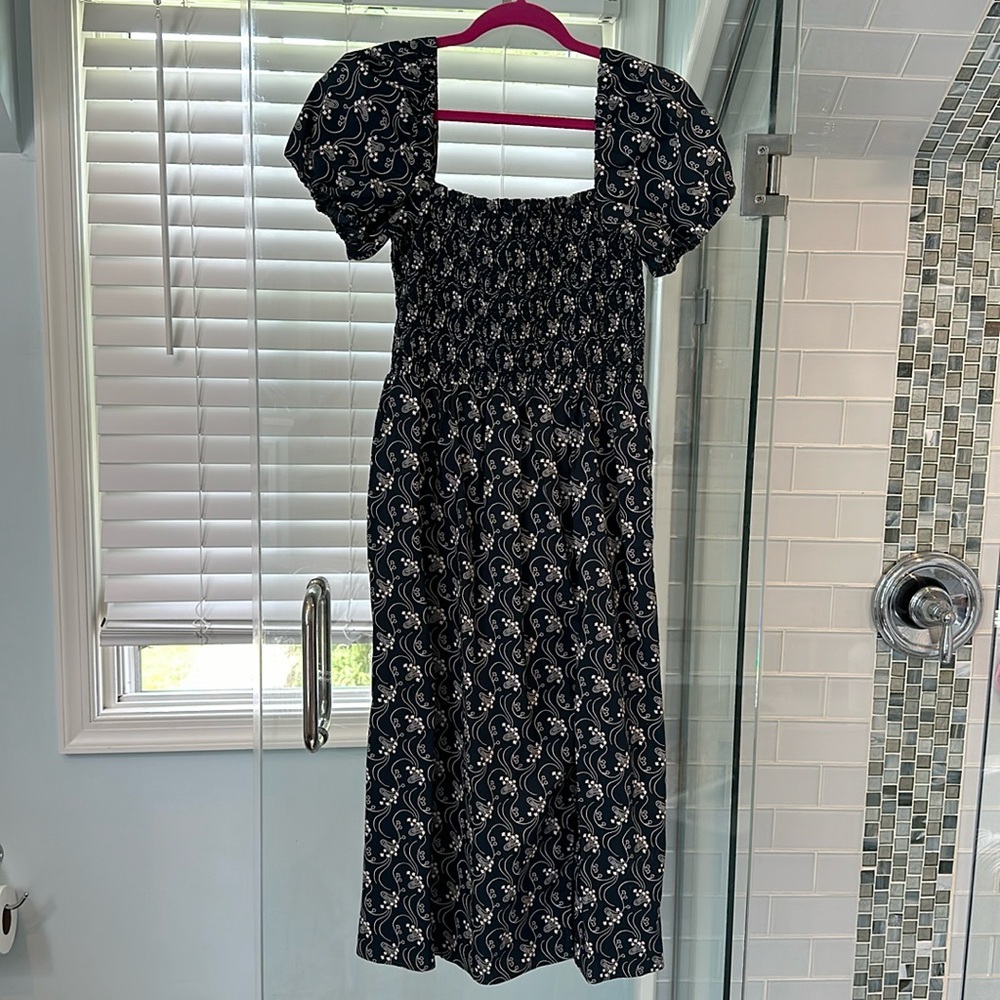 J.Crew navy blue and white smocked short sleeve dress, size M